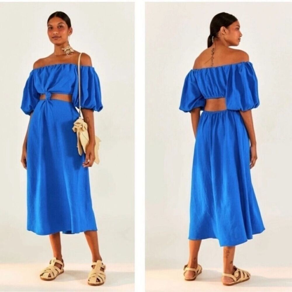 Farm Rio Knotted Linen Blend Blue Midi Cut Out Dress Off Shoulder Size L